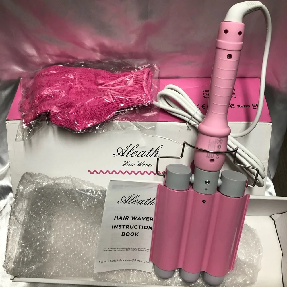 Aleath Pink Hair Waver 3‎ Barrel Curling Wand Hair Crimper LCD 1.25”inAdjustable